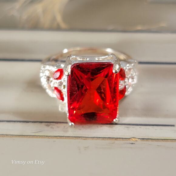 Sterling Silver Ring With Red Center Stone and Cubic Zirconia Accents Size 6 3/4 - Picture 10 of 10